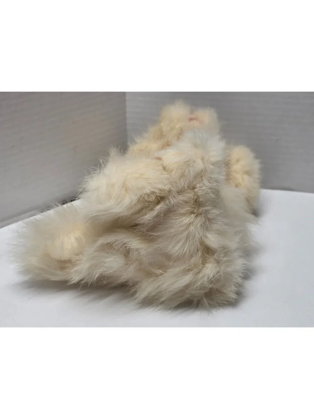 Vintage Real Rabbit Fur White Puppy Dog Plush Stuffed Animal Pink Ribbon 11